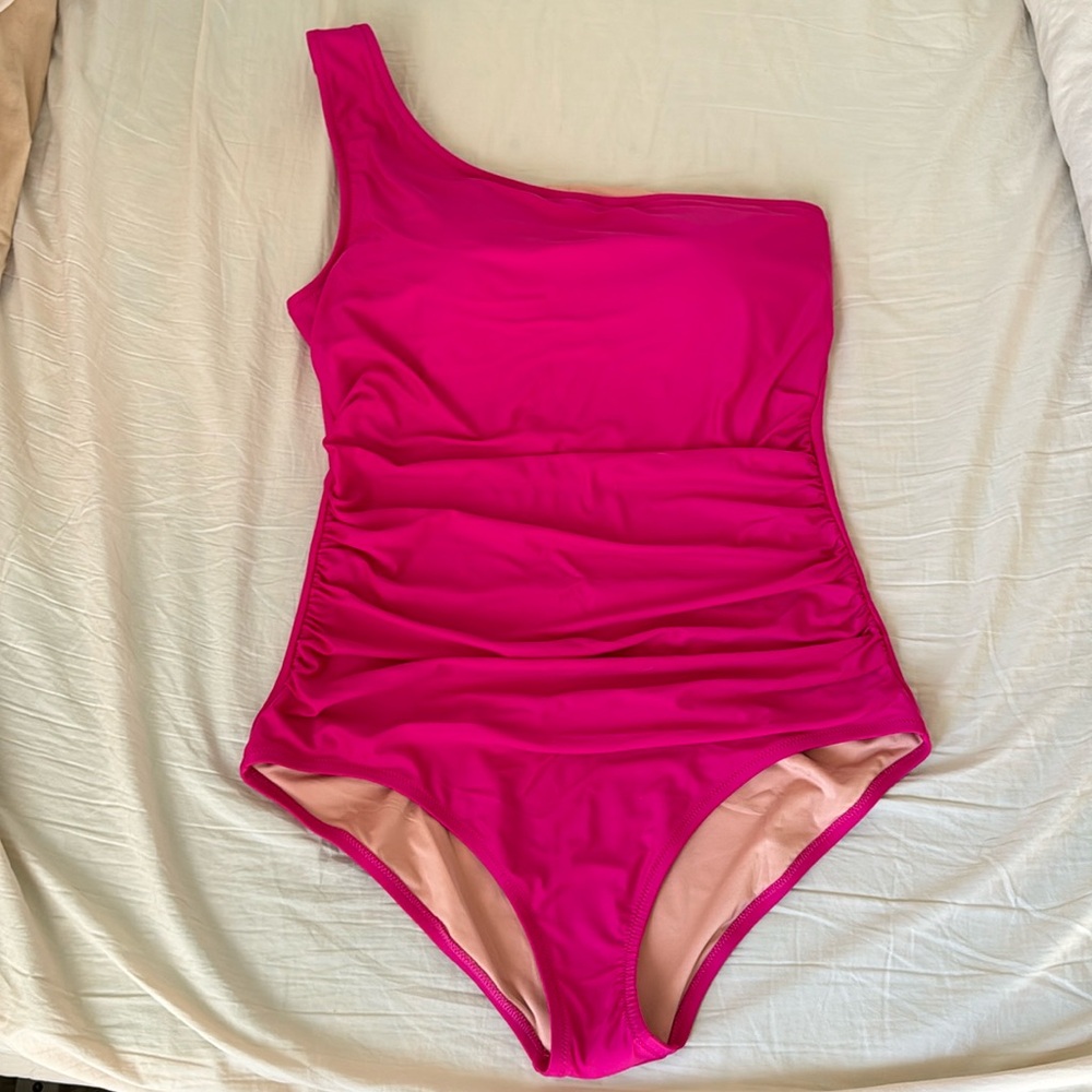 J. Crew Pink Fuchsia One Shoulder Ruched Long Torso One Piece Swim Suit 16